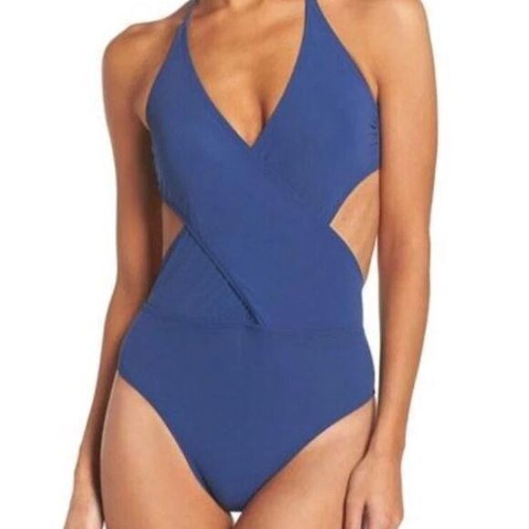 NWT Tory Burch Solid Wrap-front One-piece Swimsuit In Capri Blue size Medium - Picture 3 of 7